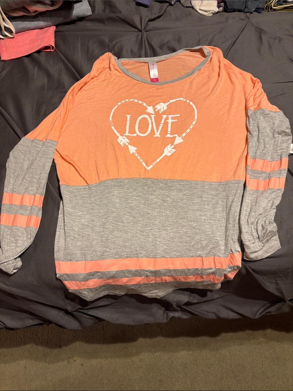 No Boundaries Peach and Gray Colorblock 'LOVE' Long Sleeve Tee